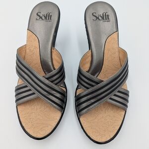 Sofft Criss Cross Leather Heeled Sandals 9M Silver Black Comfy Y2k Minimalist